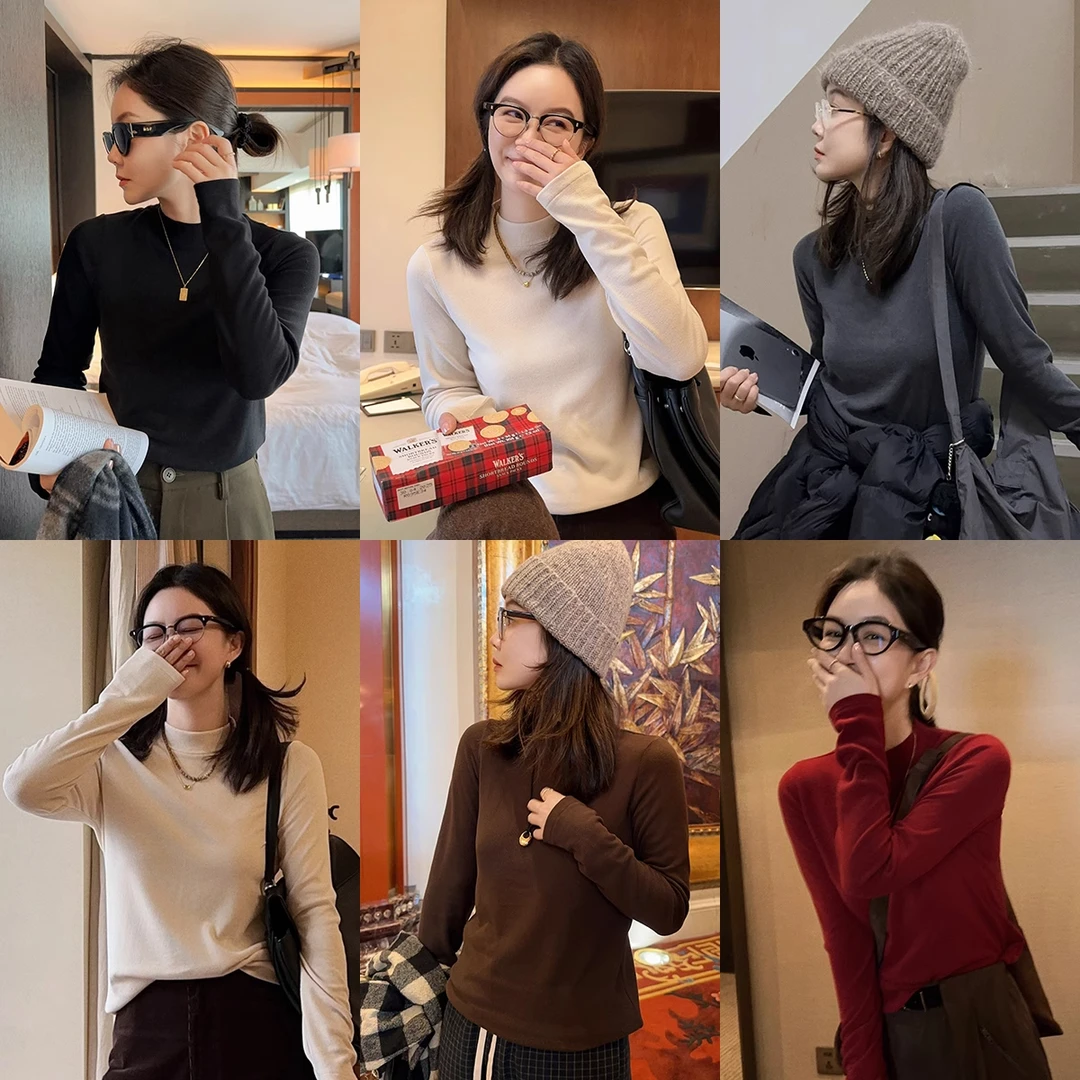 莉贝琳sisy【调色盘半高领坑条长袖打底T恤女显瘦百搭S24309TS10