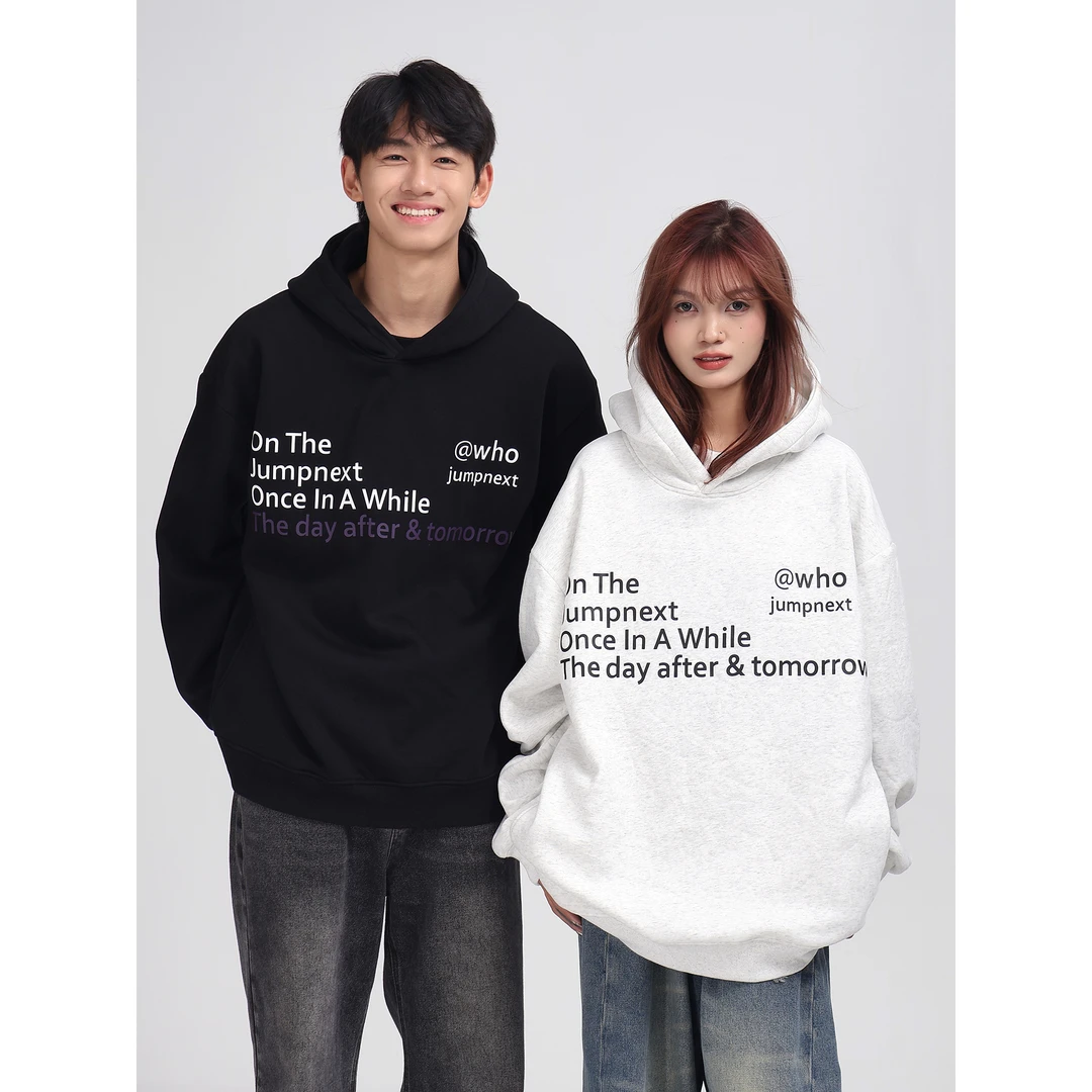 JUMPNEXT国潮美式复古字母图案印花连帽卫衣男女重磅高街情侣上衣