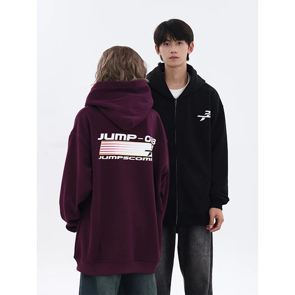 JUMPNEXT国潮发泡印花开衫连帽卫衣外套秋季重磅美式情侣拉链上衣