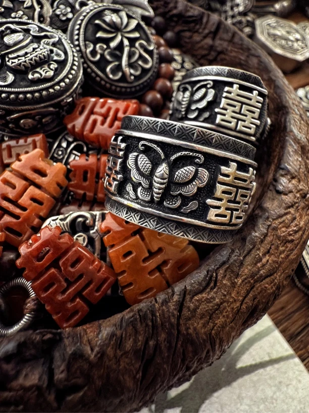 925银戒指 喜善天手工银器喜字宽戒指