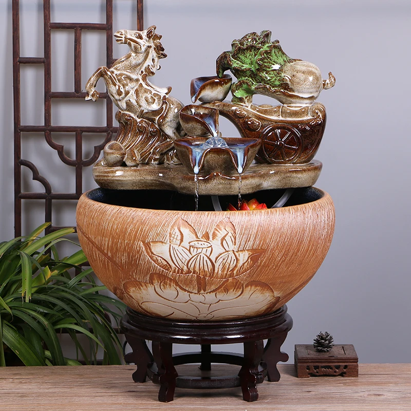 景德镇陶瓷鱼缸流水喷泉家用小金鱼缸大号养鱼盆客厅加湿开业摆件