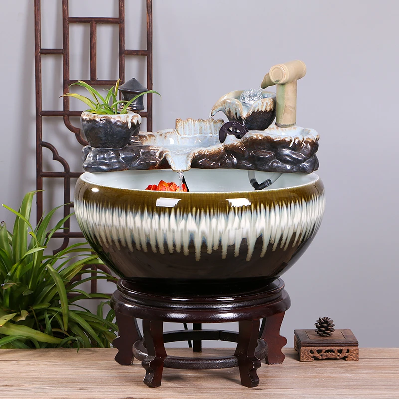 景德镇陶瓷鱼缸客厅喷泉桌面流水鱼缸小型家用循环招财鱼缸养鱼盆