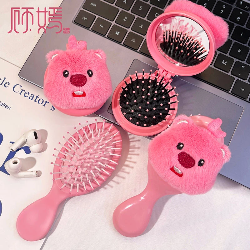 卡通毛绒loopy气垫梳子小巧便携可爱小海狸迷你折叠按摩气囊镜梳