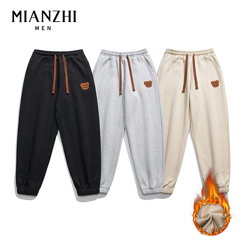 棉致2024新款加厚休闲裤男款秋冬加绒发泡印花小熊束脚九分卫裤子