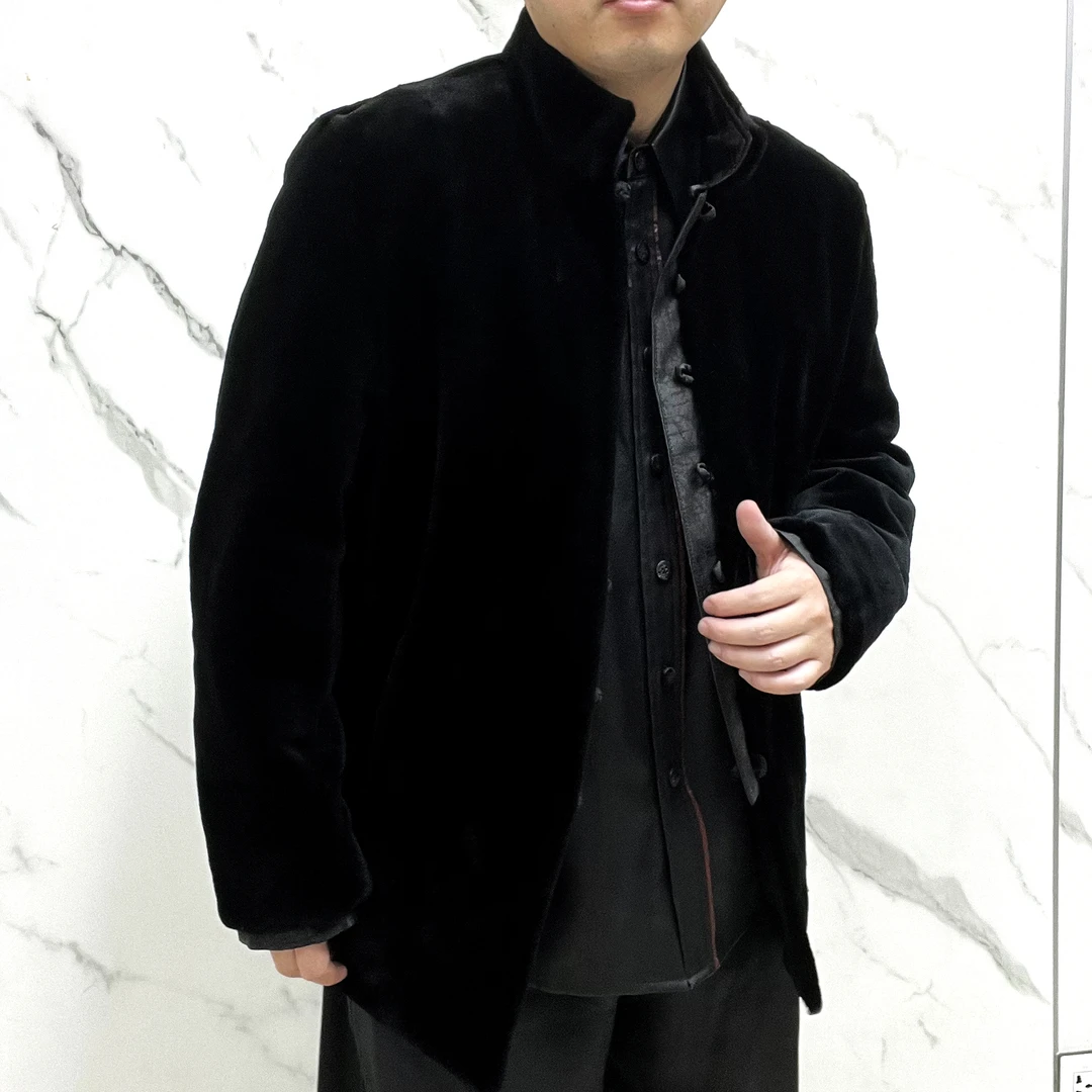 顶货重缎缎龟香云纱貂绒桑蚕丝汉服男款短款时尚休闲黑色潮流立领