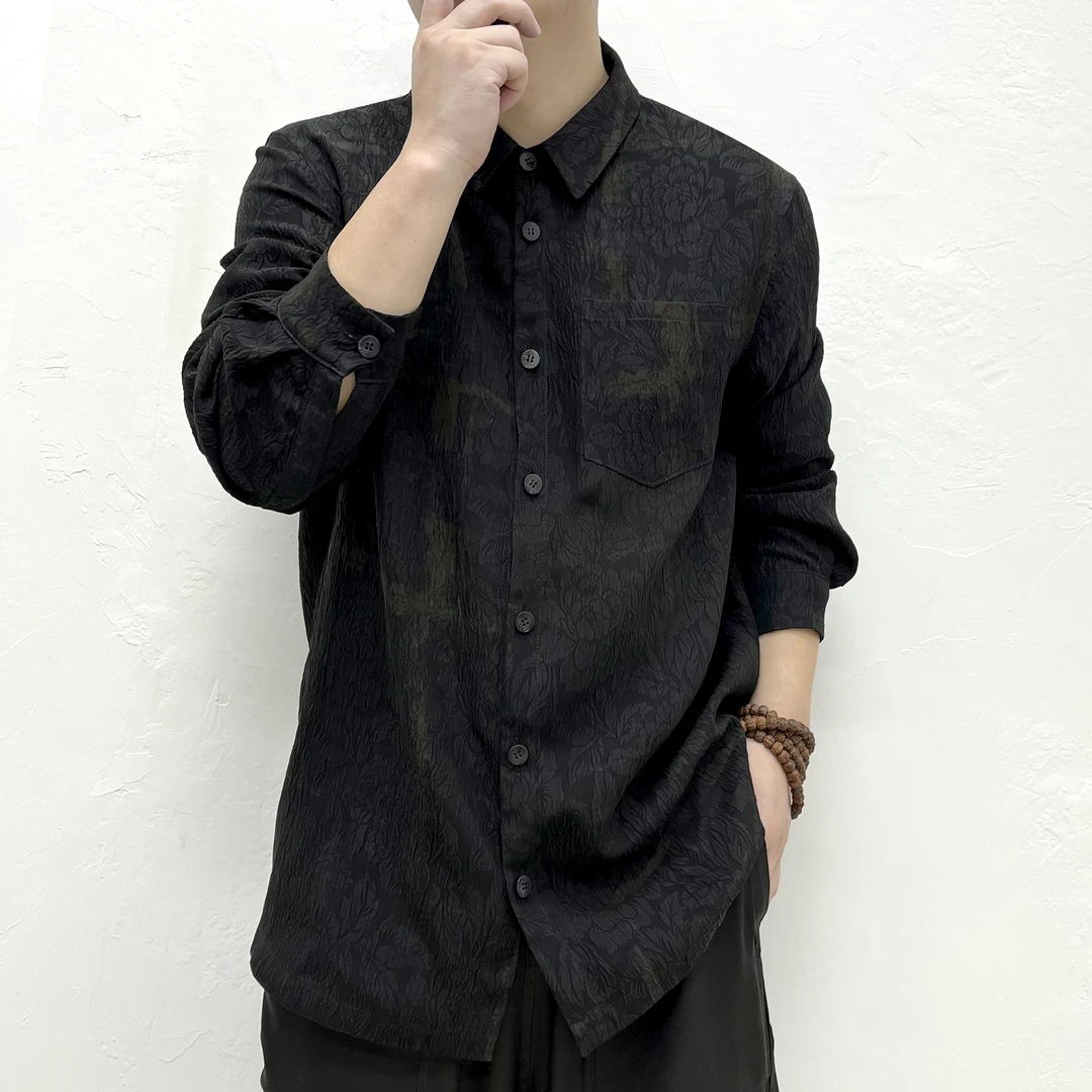 清仓-迷彩冠乐皱香云纱长袖衬衫男款桑蚕丝男休闲宽松夹克男短款