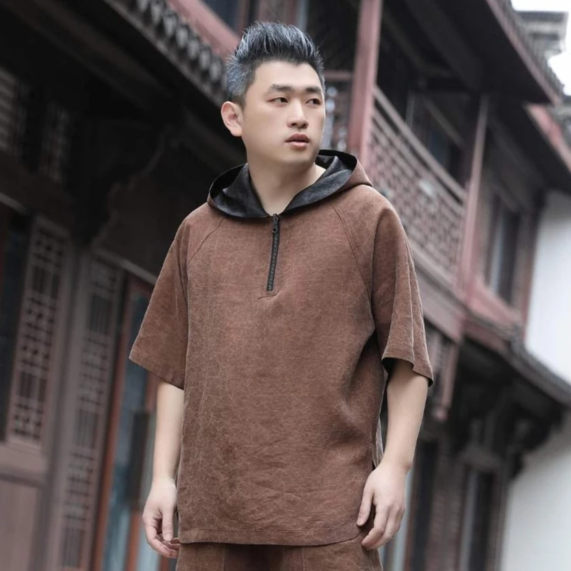 2387连帽内搭香云纱桑蚕丝100%两面穿男装真丝春秋季宽松休闲男士