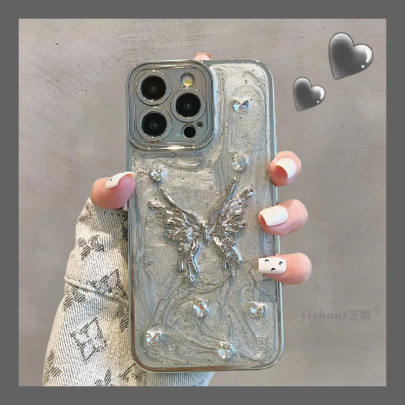 苹果15promax手机壳高级感滴胶蝴蝶女款iPhone14全包网红轻奢外壳