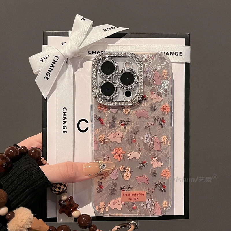 小清新ins满屏花朵兔兔适用苹果16pro手机壳闪钻镜框新款iphone15