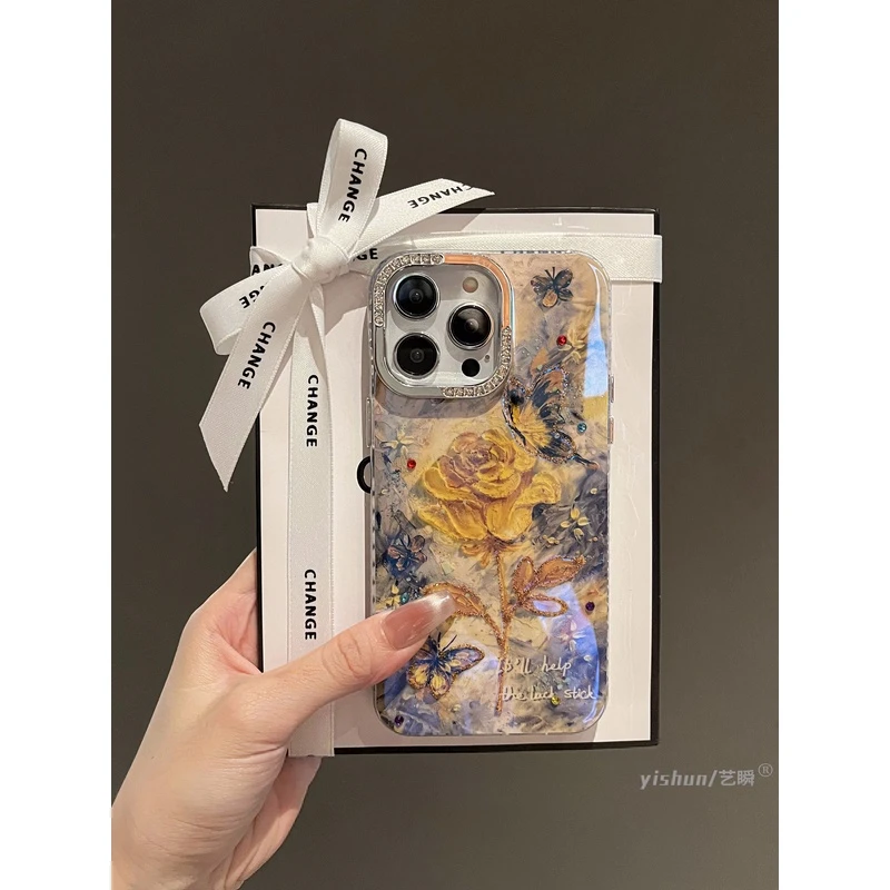 适用iPhone15ProMax手机壳新款苹果14高级感ins金色玫瑰花朵12网