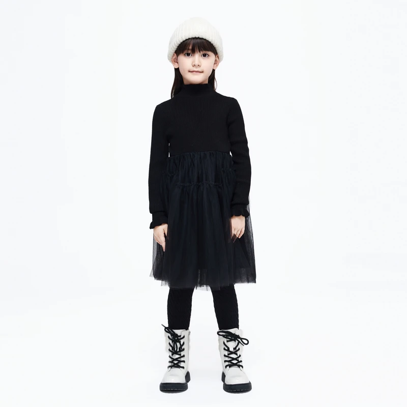 littlemoco童装冬装新款女童半高领毛衣网纱连衣裙#KBC4DRST02