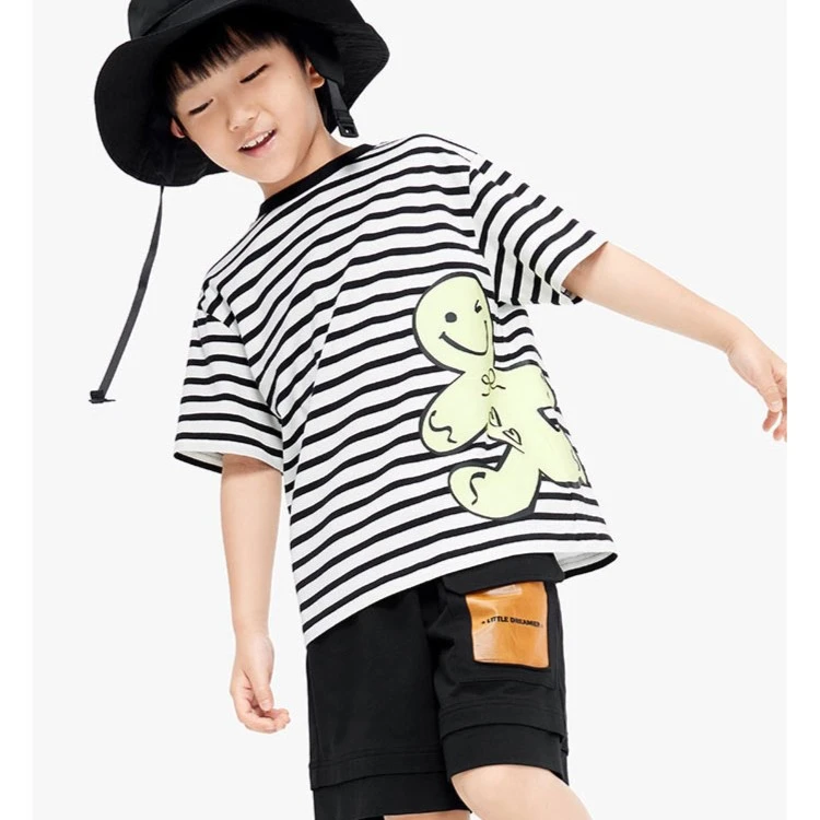 little moco童装夏装新款男女童姜饼人条纹短袖T恤#KBB2TEET37