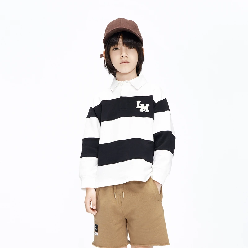 little moco童装23秋装新款男女童polo领条纹长袖卫衣#KBC3SWS023