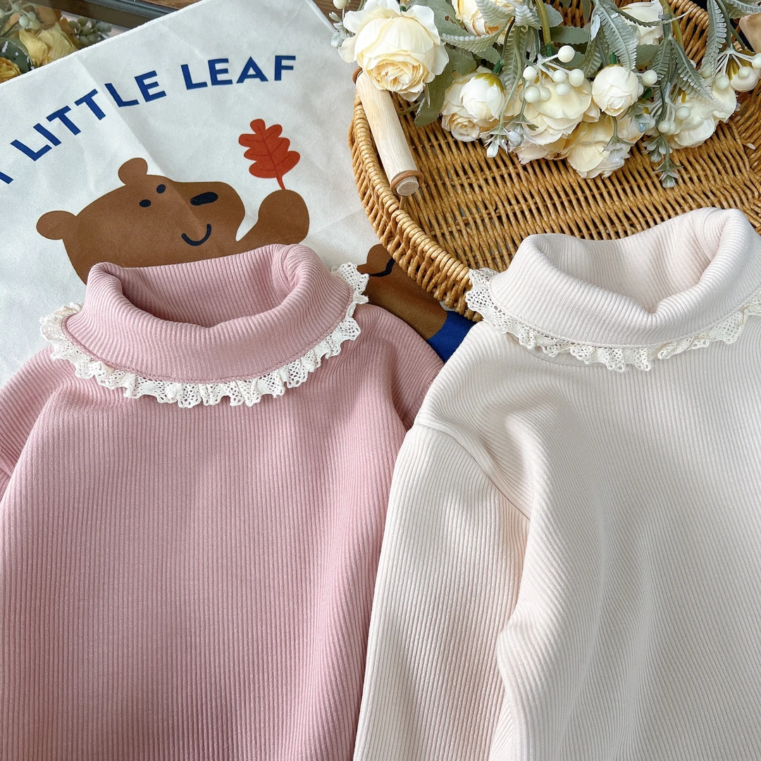 【加绒】6205上衣 女童百搭简约  领口拼接蕾丝纯色打底衫