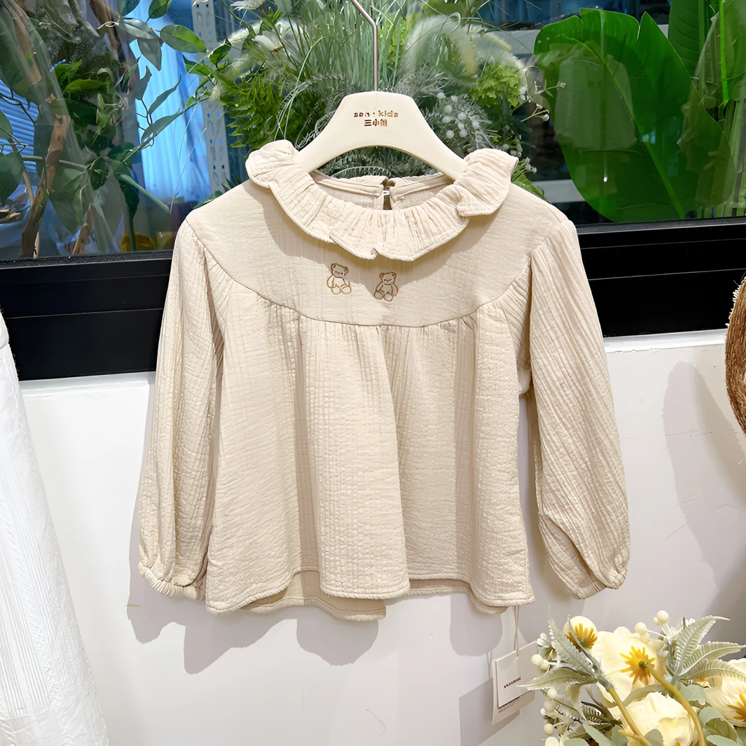 【可爱百搭款】287102（杏色）上衣 女童森系 胸前小熊娃娃衫
