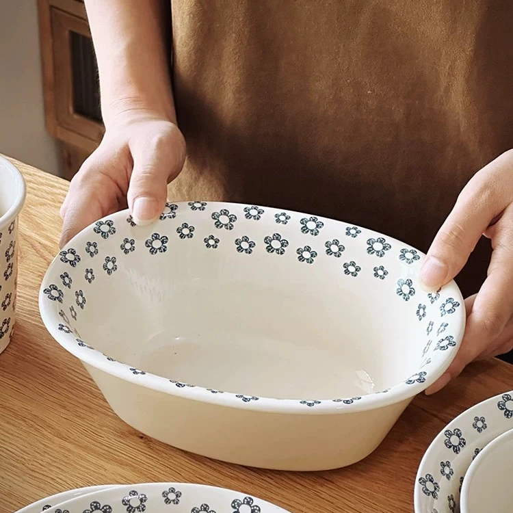 E902 家用日式复古蓝朵朵澡盆碗陶瓷碗8.3寸浴缸碗