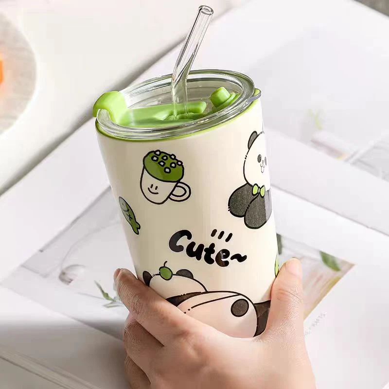 XA166 陶瓷杯熊猫马克杯带吸管（奶茶熊猫）450ml