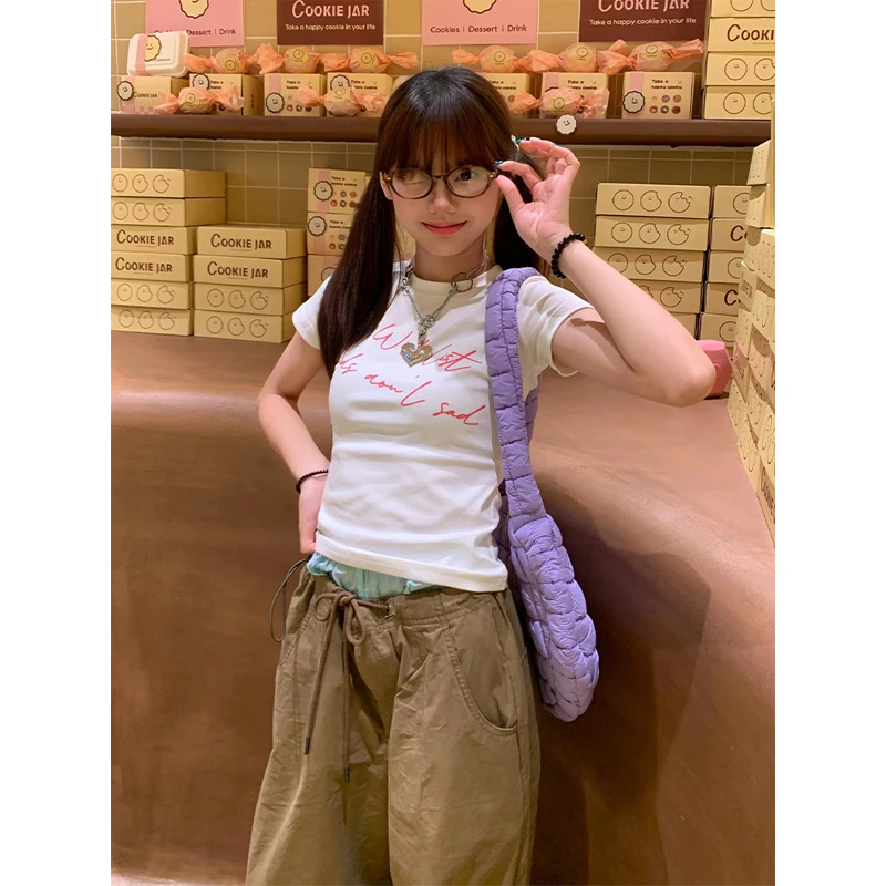 美式白色短袖女夏季新款字母印花正肩t恤修身显瘦休闲短款上衣潮