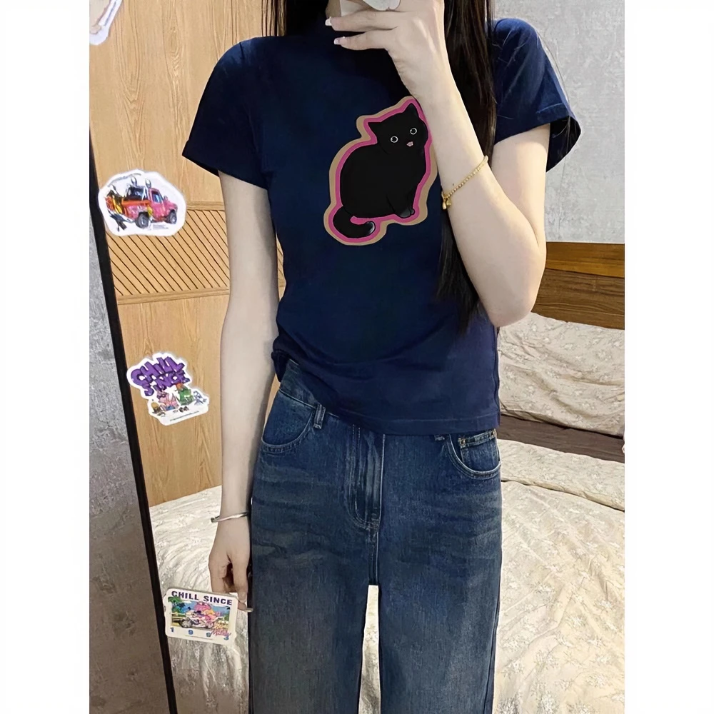 圆领正肩短袖t恤女夏2025新款爆款微胖显瘦辣妹短款修身印花上衣