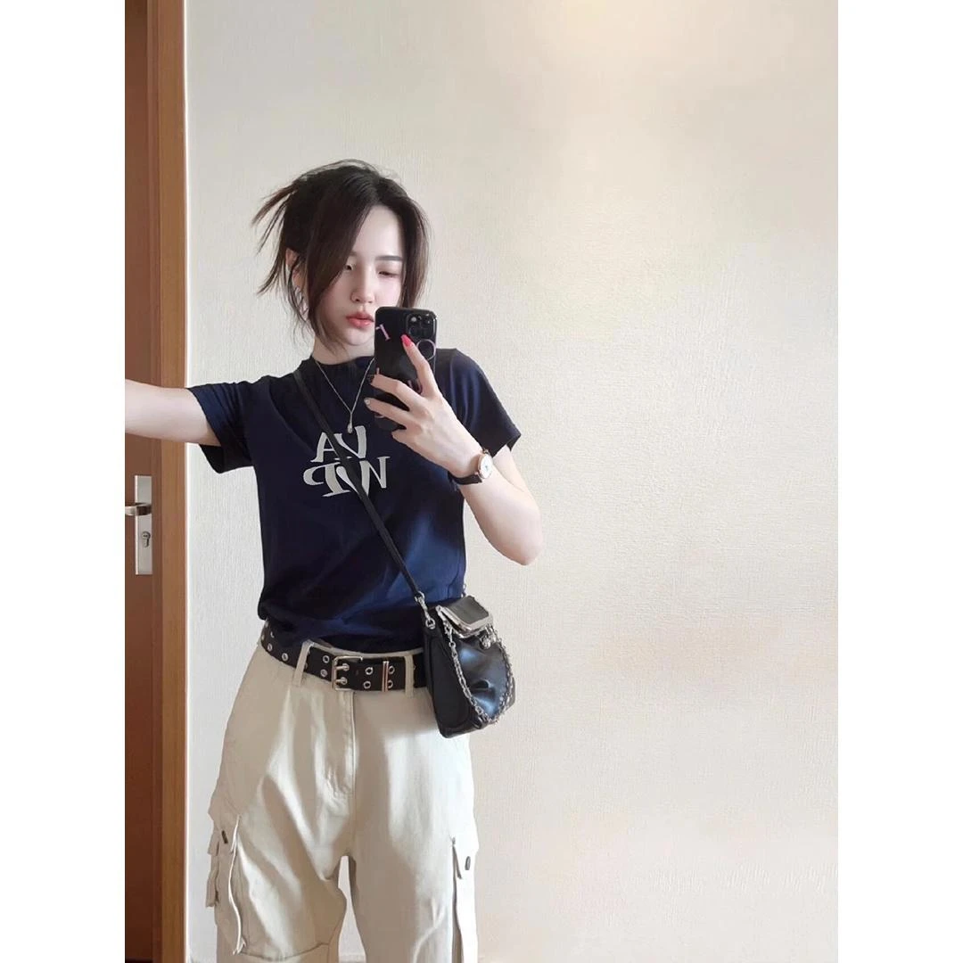 圆领正肩短袖t恤女2025新款爆款微胖遮肚子显瘦夏日甜辣短款上衣