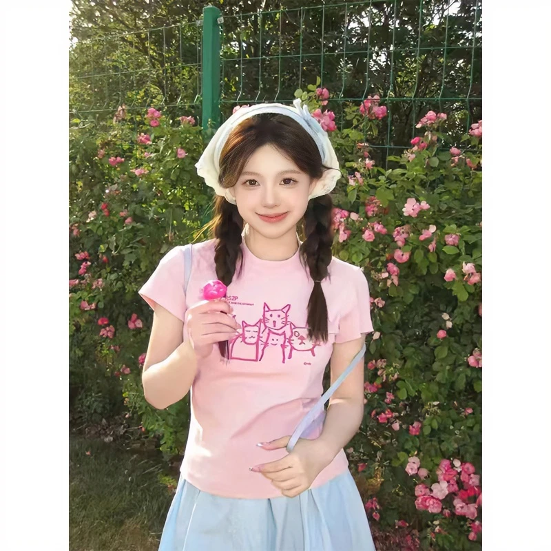 粉色正肩字母印花短袖t恤女夏季ins潮设计感小众修身显瘦辣妹上衣