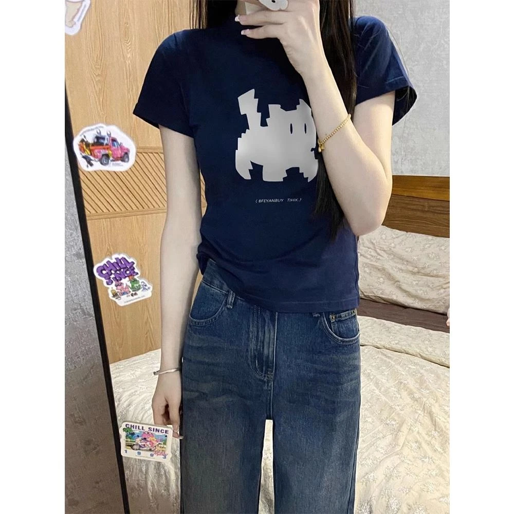 蓝色辣妹正肩短袖t恤女夏季修身显瘦设计感小众圆领短款印花上衣