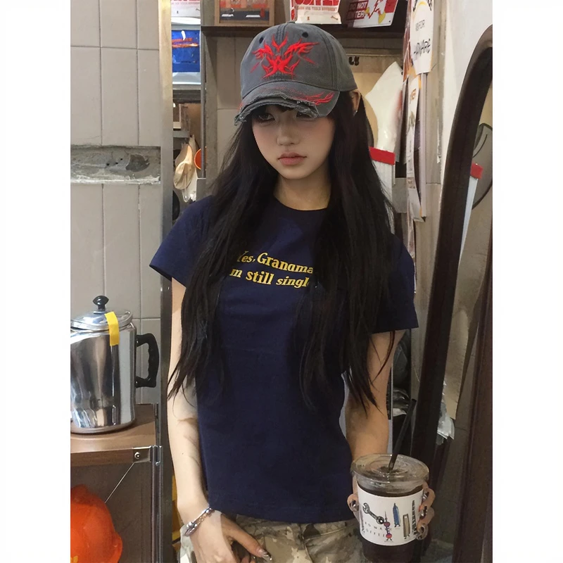 美式正肩t恤女夏季新款印花辣妹短袖修身显瘦微胖mm圆领短款上衣