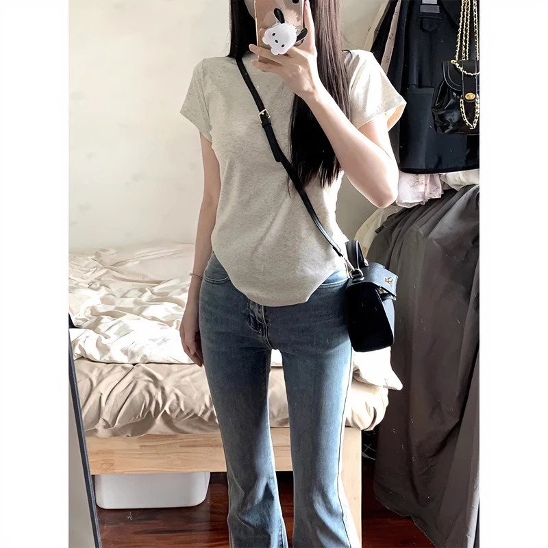 美式复古甜辣妹短袖正肩t恤女2025夏季新款修身显瘦半袖休闲上衣