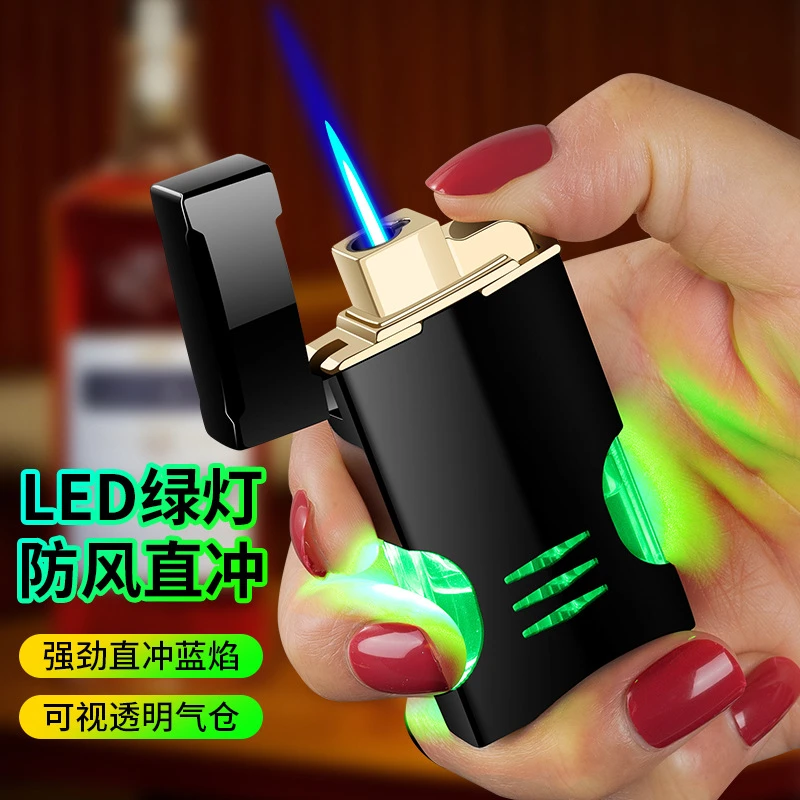 网红PL180新款金属充气防风蓝焰直冲打火机可视充气LED灯便捷打火