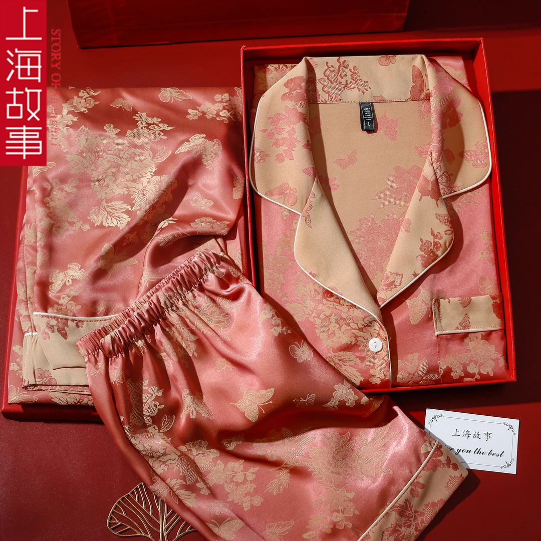 上海故事女士睡衣胭脂雪2025高级睡衣新款夏大码长袖套装外穿