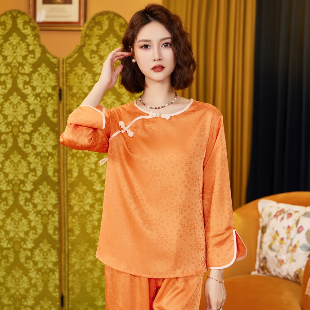 达芬奇密码温如春熙国风新款冰雪丝套头睡衣家居服套装小花朵宽松