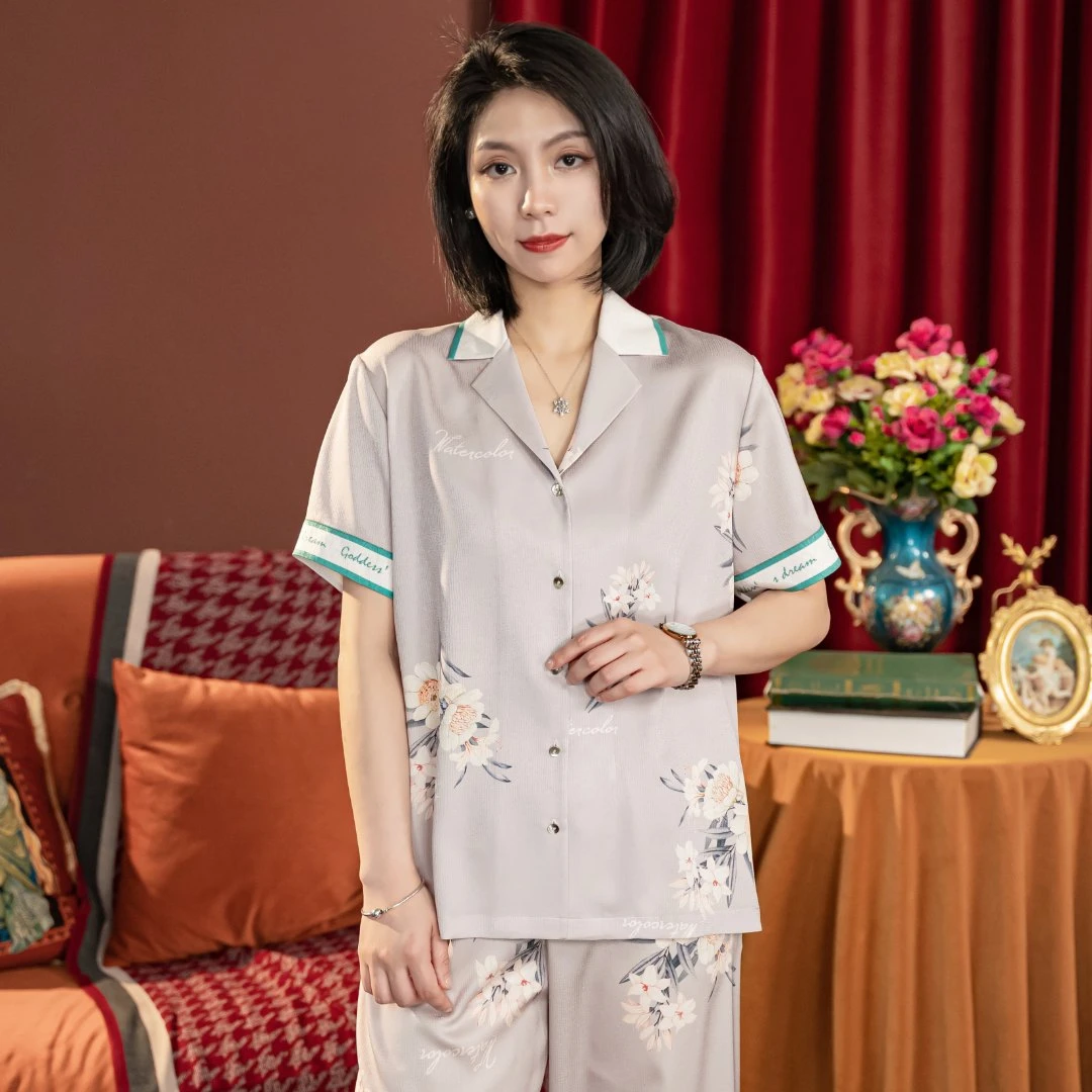达芬奇密码春夏冰雪软丝短袖紫睡莲高档睡衣女家居服套装