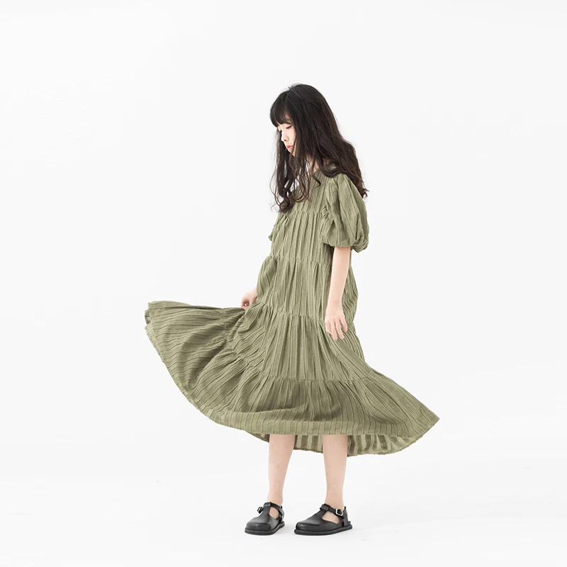 小小大星球童装 肌理条纹剪花布连衣裙 女童泡泡袖气质大裙摆裙子