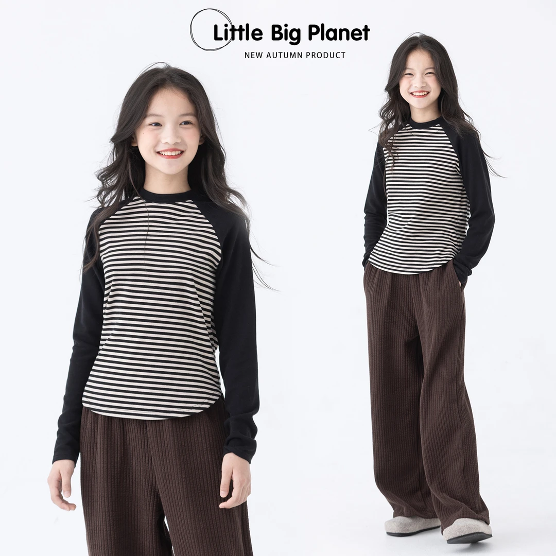 小小大星球童装 定格黑磨毛插肩条纹上衣 男女童春秋宽松百搭T恤