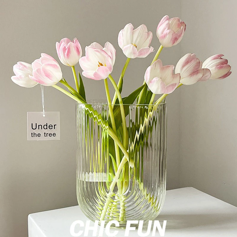 北欧玻璃花瓶透明U形竖纹创意客厅插花鲜花玫瑰百合花器装饰摆件