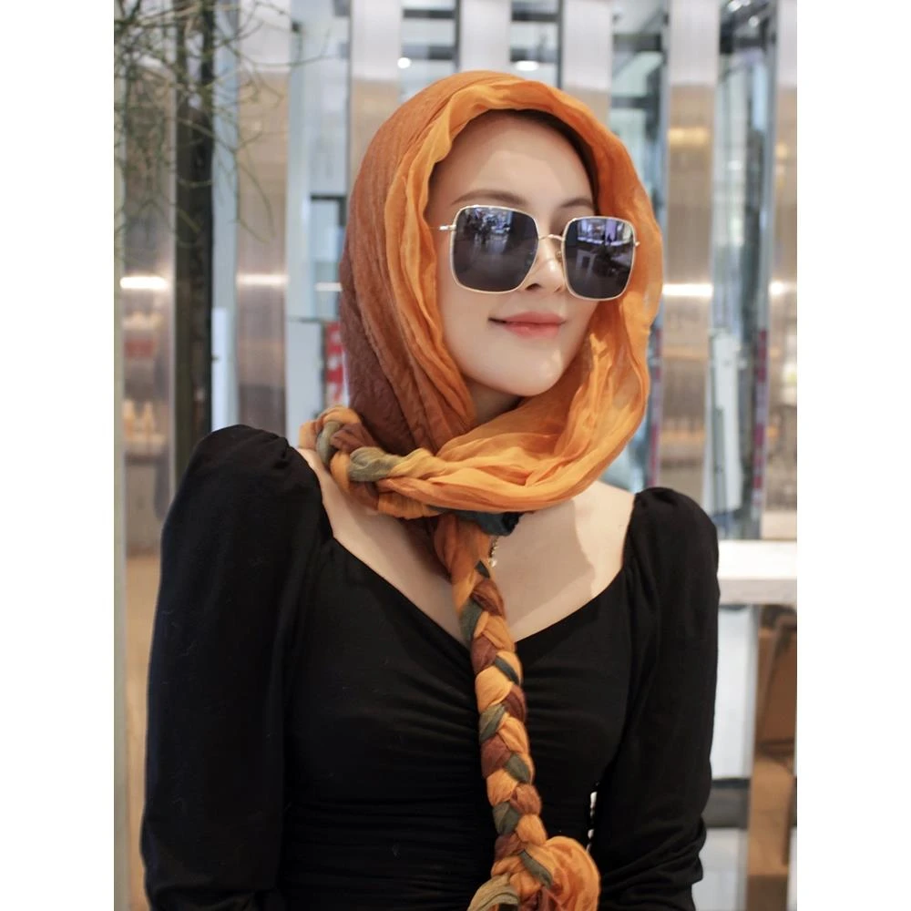防晒多功能棉麻发辫子头巾围巾女生包头时尚百搭春秋冬季两用围脖