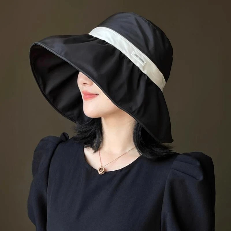 黑色渔夫帽子女2025新款夏季大檐防紫外线显脸小防晒太阳帽遮全脸