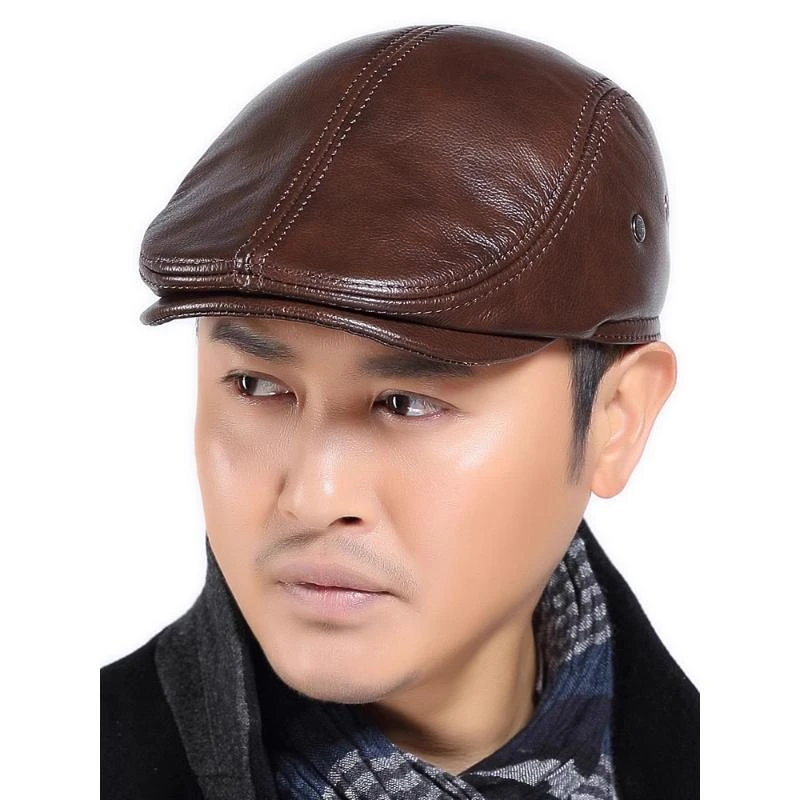 中老年人秋冬季真皮鸭舌帽子男时尚保暖前进牛皮帽加厚羊皮贝雷帽