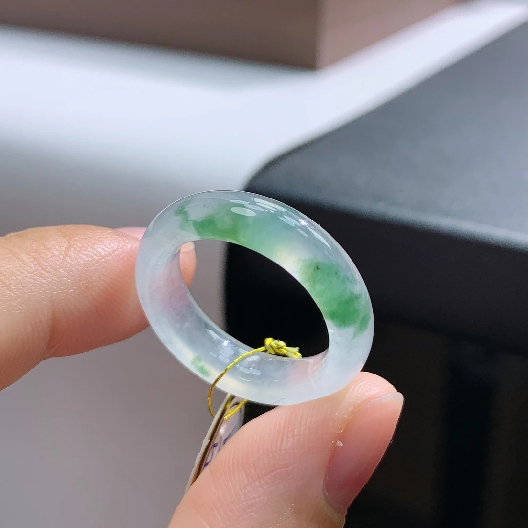 15号圈天然缅甸翡翠A货冰飘绿花翡翠戒指17.5*