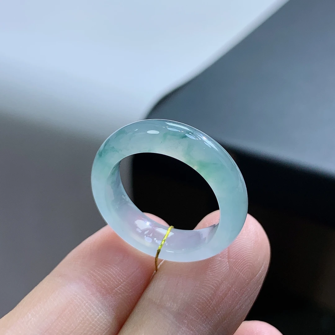 14-15号圈天然缅甸翡翠A货冰飘花翡翠戒指17.3*5.8*3.8mm