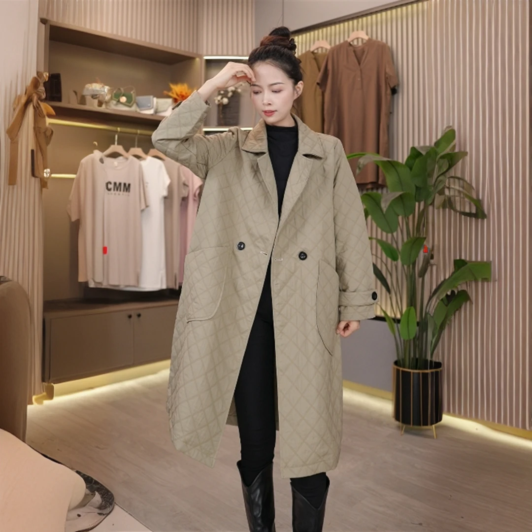 春季上新中长款风衣外套气质时尚休闲百搭宽松格子外套8510