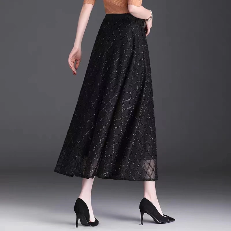 2024秋冬新款亮丝网格半身裙大摆裙女中长裙高腰百褶裙
