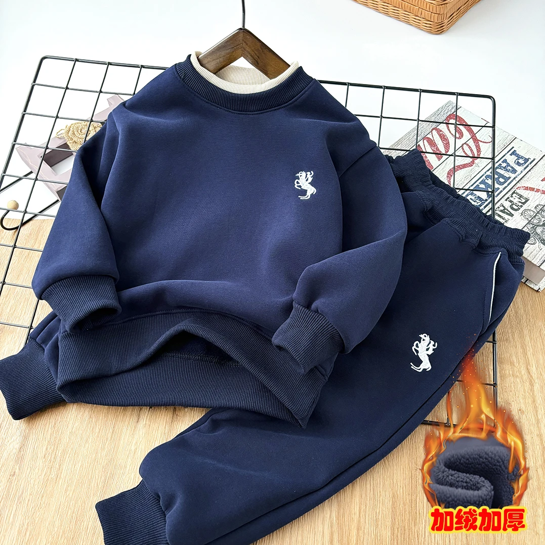儿童冬季保暖2024刺绣加绒运动套装中大童高领秋冬