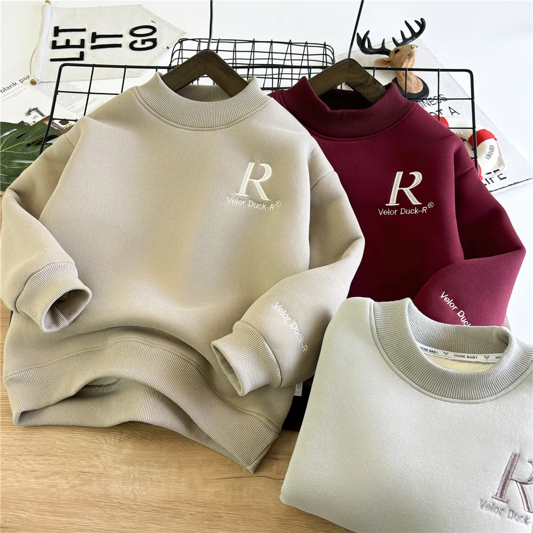 2024冬季加绒加厚韩版刺绣R字母卫衣新款时尚帅气保暖男女童圆领