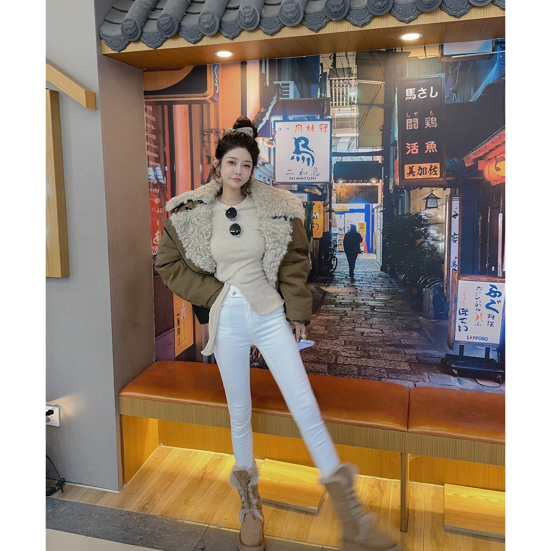 21DEGREES复古大翻领棉服外套不规则绑带磨毛打底双扣加绒烟管裤