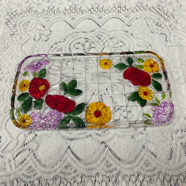 水晶玻璃手绘花朵盘方形彩绘茶盘果盘