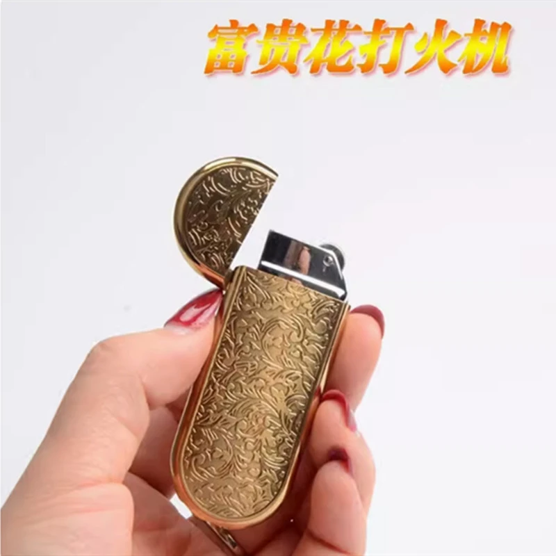 超薄唐草复古砂轮打火机明火金属点双面个性精雕花轻巧便携点烟器