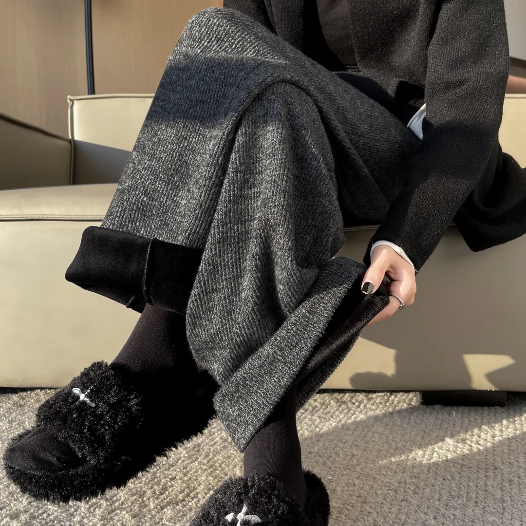 加绒加厚灰色针织阔腿裤女秋冬爆款高贵上档次直筒垂感拖地休闲裤