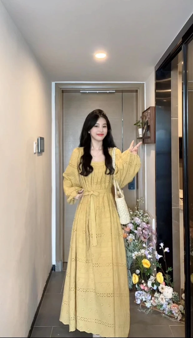 AN.XIN【曼谷岛假期~黄色】度假风慵懒宽松镂空连衣裙788-12