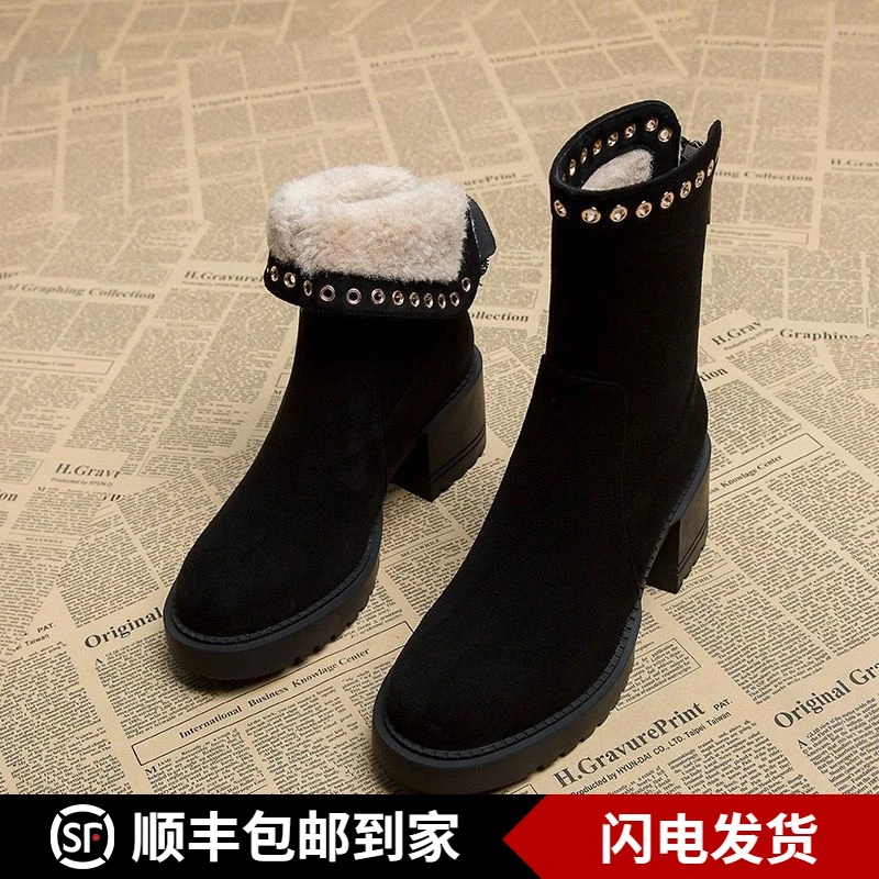 粗跟雪地靴2023秋冬加绒加厚马丁靴厚底女鞋冬款超火高跟短靴